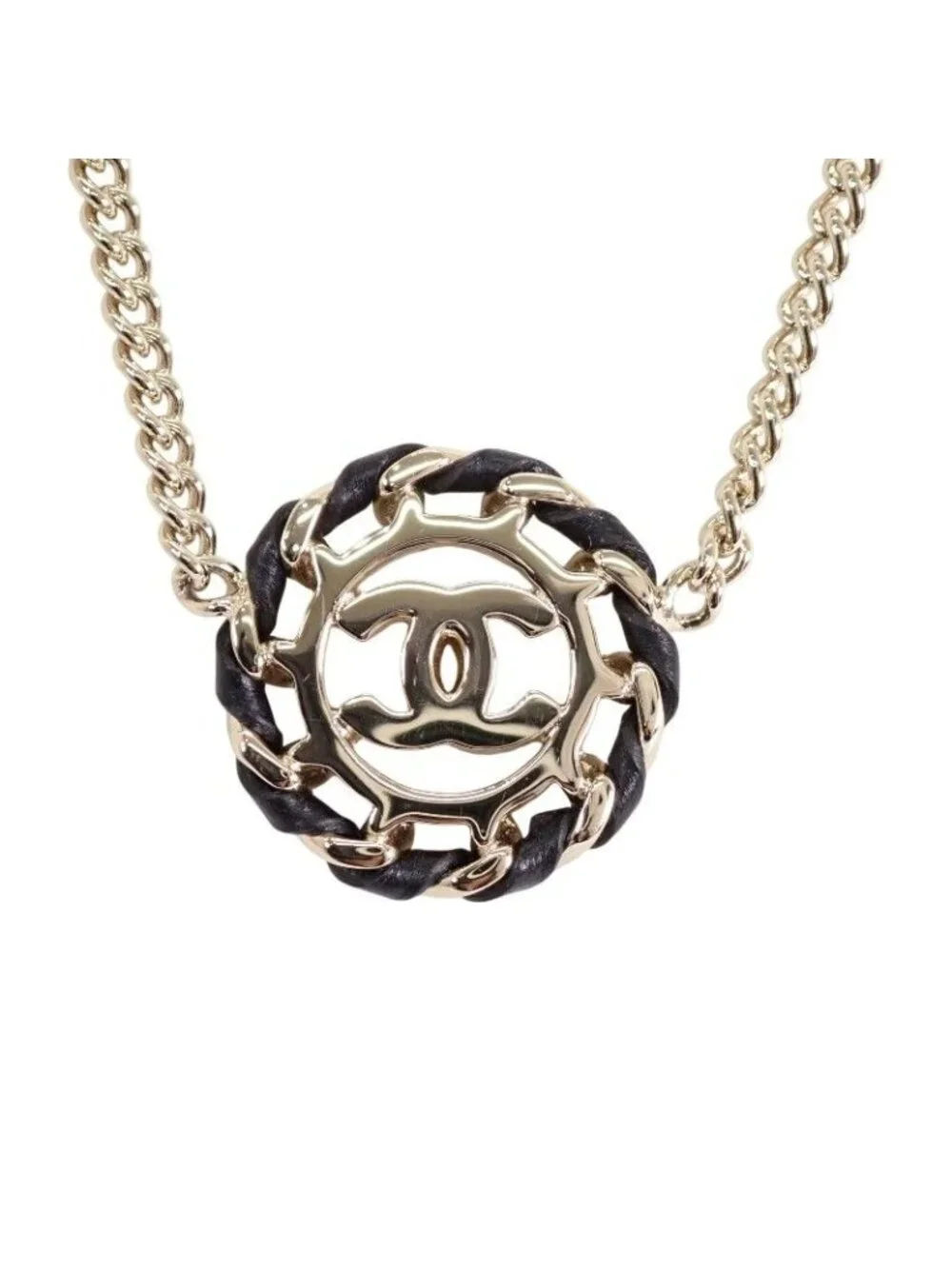 Chanel CC Logo Choker Pendant Metal Leather Strass with Champagne Gold